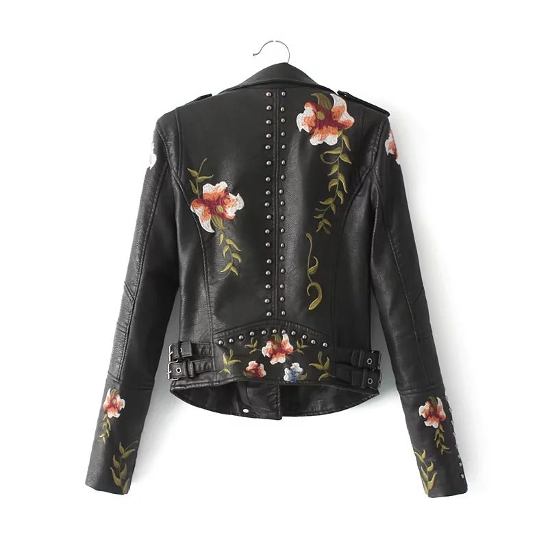 Embroidery faux leather PU Jacket Women Spring Autumn Fashion