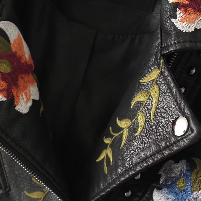 Embroidery faux leather PU Jacket Women Spring Autumn Fashion