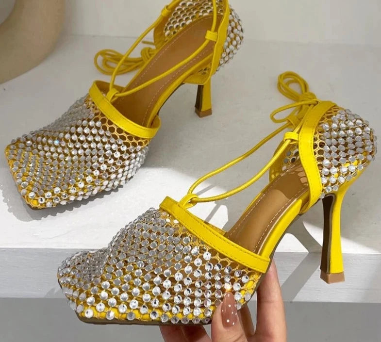 Yellow Green Fashion Women High Heel Crystal Fishnet Pumps Square Toe Ankle Cross Tied Rhinestone Sandals  Shoes