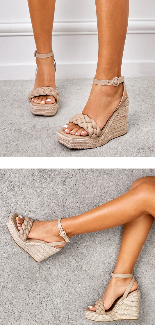 Fashion Solid Summer Beach Sandals PU Weaving Square Open Toe Wedges Ankle Buckle Strap Ladies Leisure Shoes New Apricot