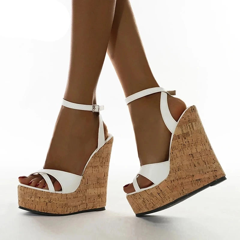 Summer White Women's High Heels Hollow Out Sandals Platform Buckle Wedges Front Open Toe Ladies Shoes