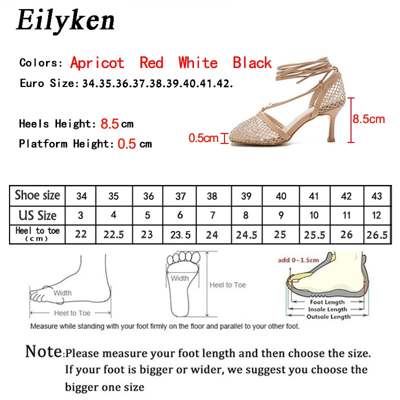 Fashion Hollow Breathable Mesh Square Toe Stiletto High Heels Women Pumps Ankle Lace-Up Elegant Dress Ladies Shoes