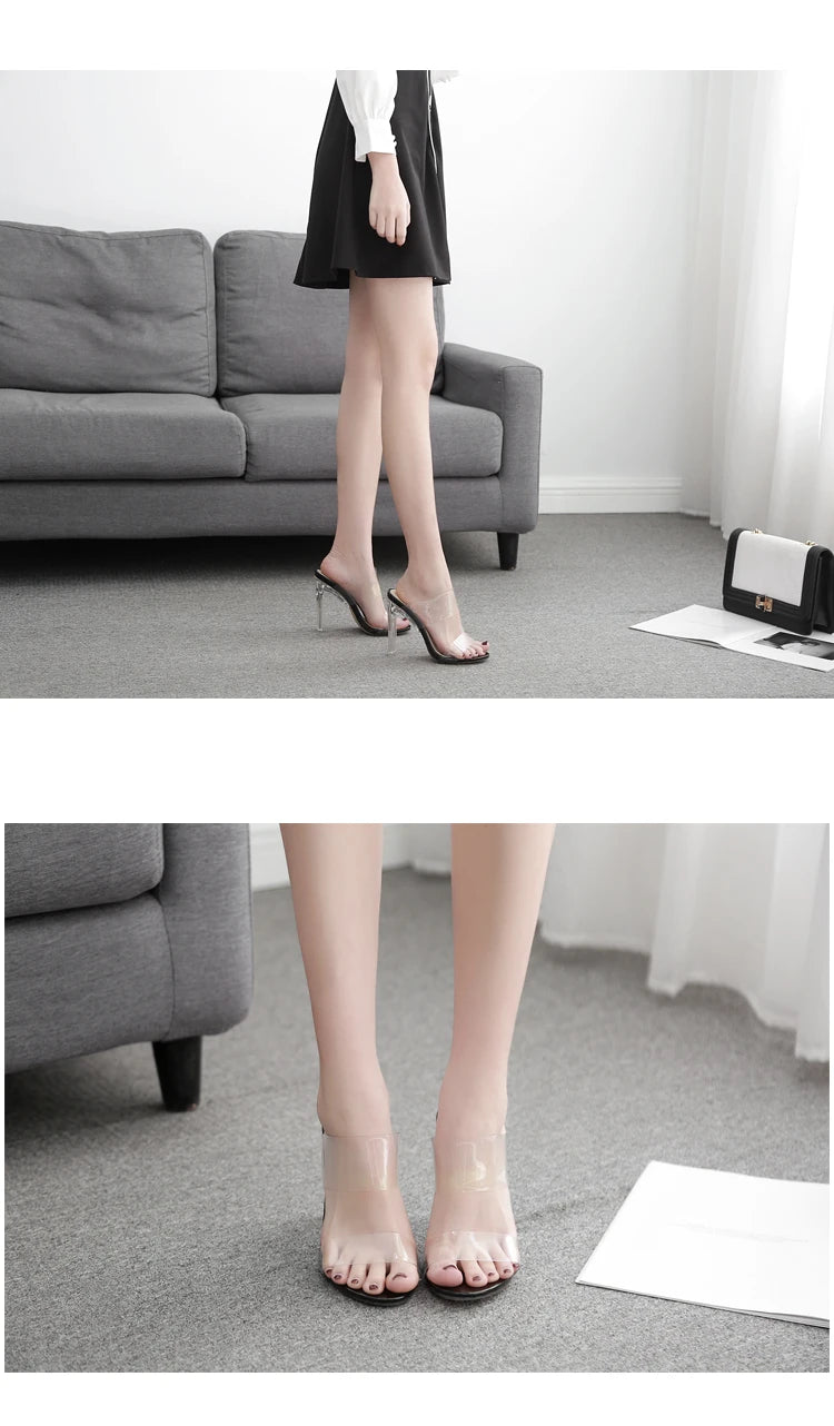 2024 Summer New PVC Jelly Sandals Crystal Open Toed Sexy Thin Heels Crystal Women Transparent Heel Sandals Slippers Pumps