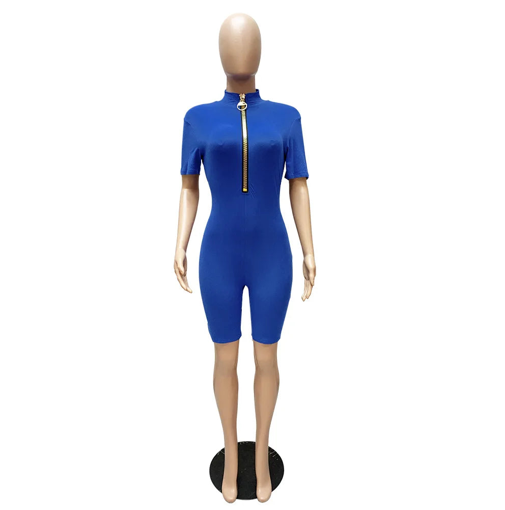 Sexy Jumpsuit Women Summer Rompers Shorts Active Wear Athleisure Zipper Bodycon Playsuit One Piece Outfit