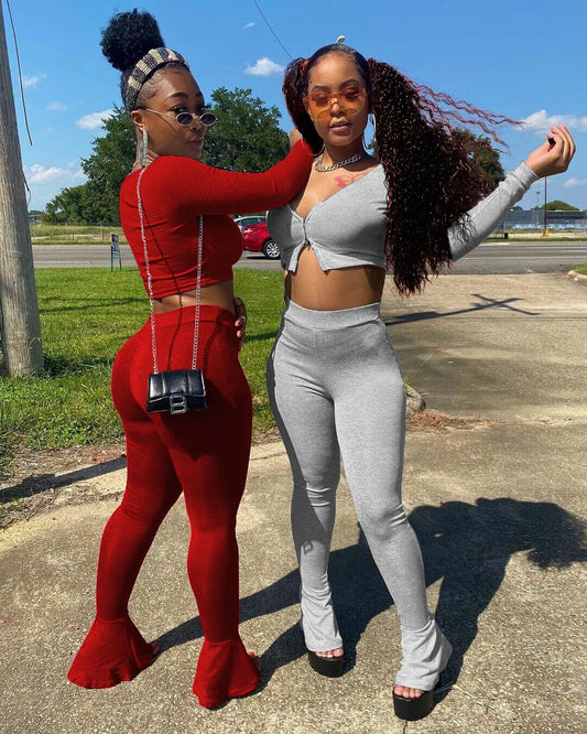 Sexy Two Piece Outfits for Women Long Sleeve Crop Top and Flare Pants 2 Piece Sweat Suits Matching Sets D13-CI37