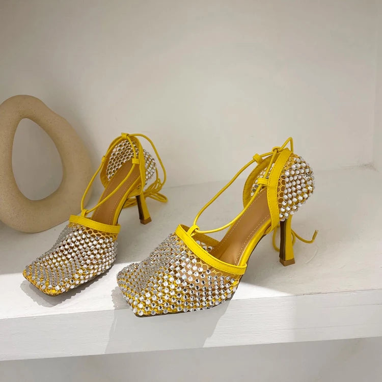 Yellow Green Fashion Women High Heel Crystal Fishnet Pumps Square Toe Ankle Cross Tied Rhinestone Sandals  Shoes