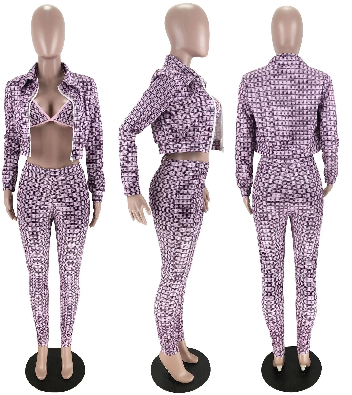 Plaid Pink Sexy 3 Piece Set Clothing Club Outfits Jacket Crop Top Pants Matching Sets