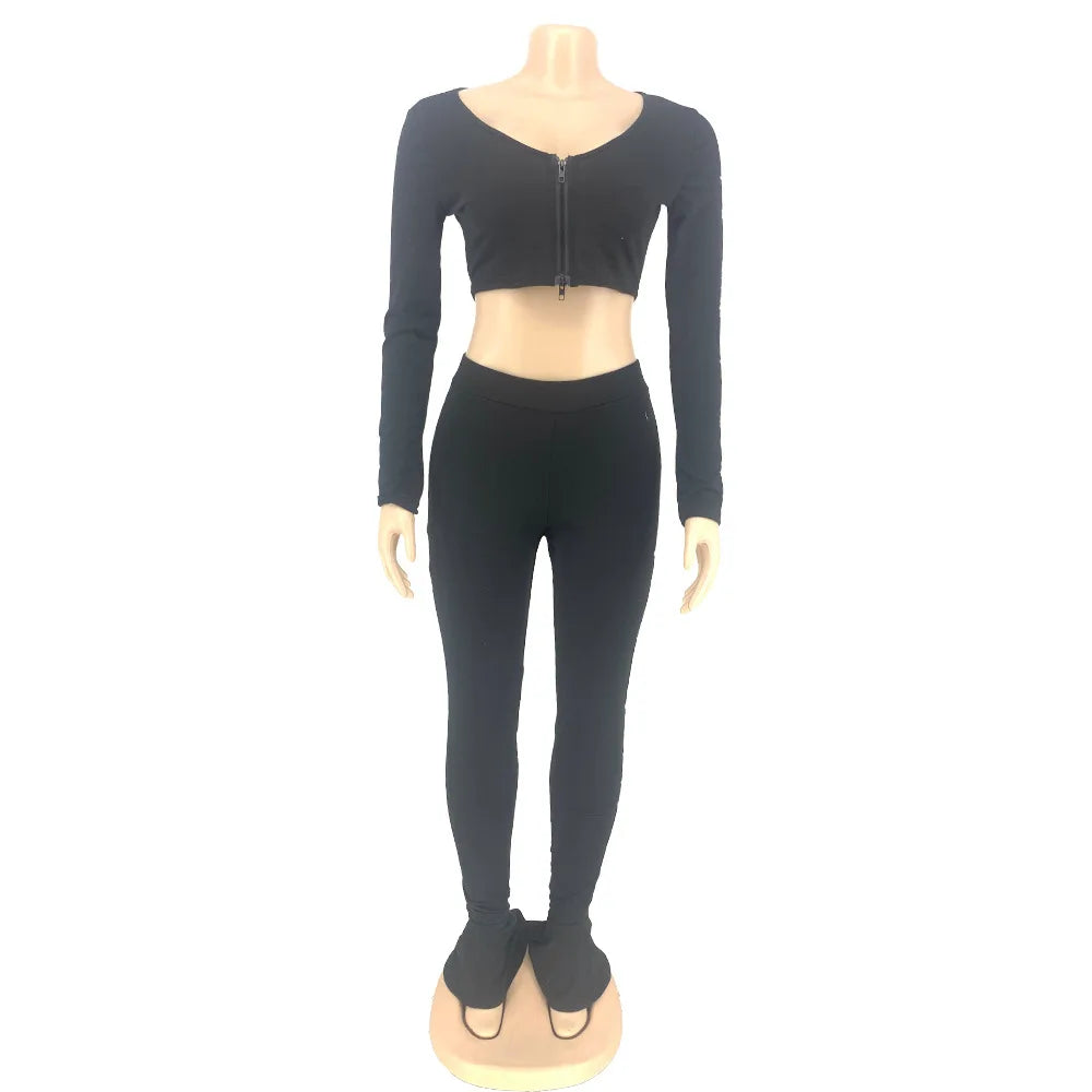 Sexy Two Piece Outfits for Women Long Sleeve Crop Top and Flare Pants 2 Piece Sweat Suits Matching Sets D13-CI37