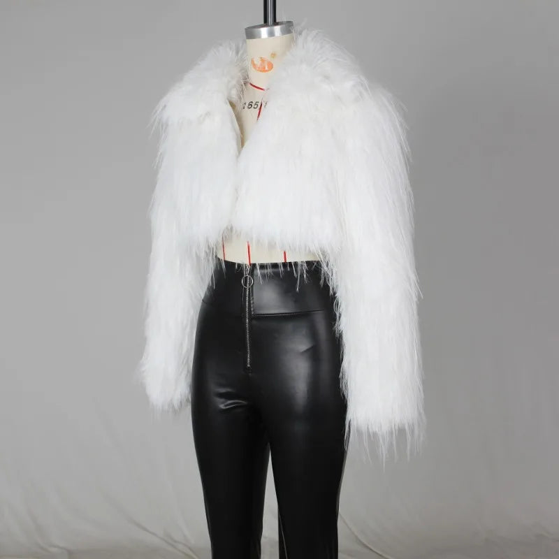 Shaggy Faux Fur Coat Woman Winter Cropped Jacket Pink White Black 2024 Street Fashion Sexy Fuzzy Outwears D48-HH76