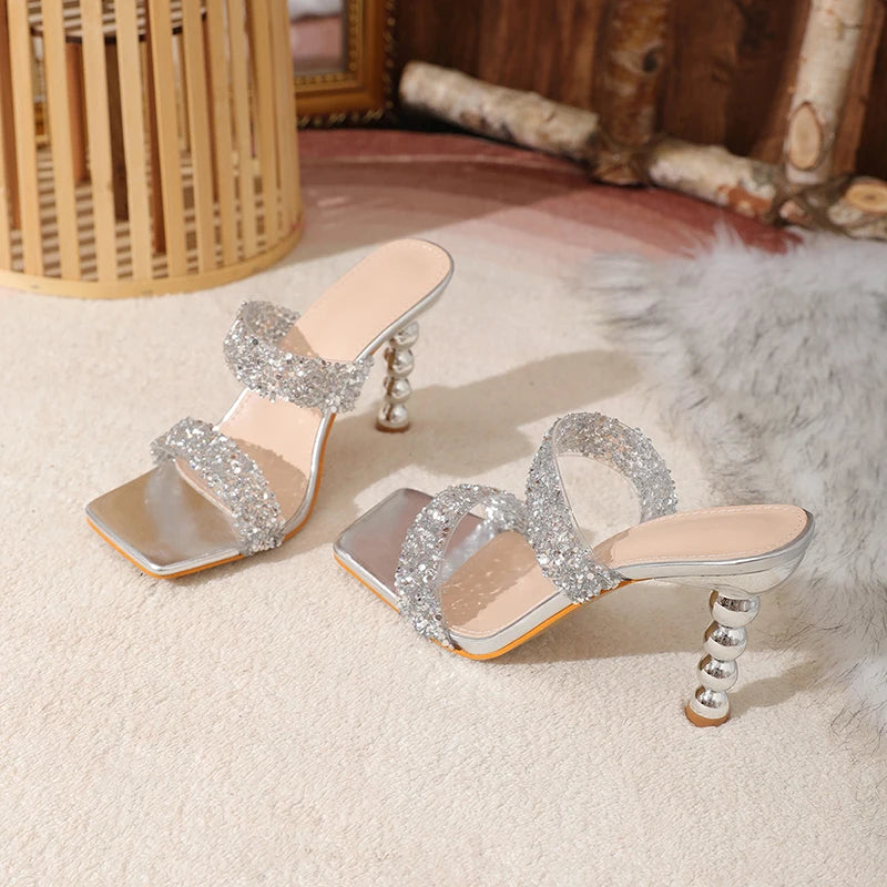 Sexy Silver Sequin rhinestone PVC Slippers For Women Square Toe Strange High Heels Sandals Summer Fashion Party Shoes