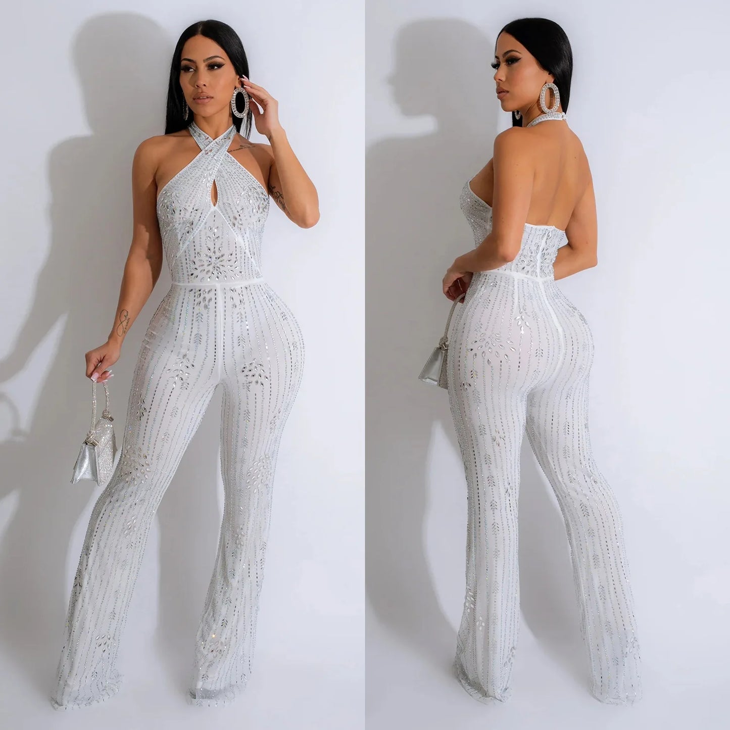 Elegant Sexy Rhinestone Halter Flare Jumpsuit Womans Clothing Luxury White Black Birthday Outfit Evening Party