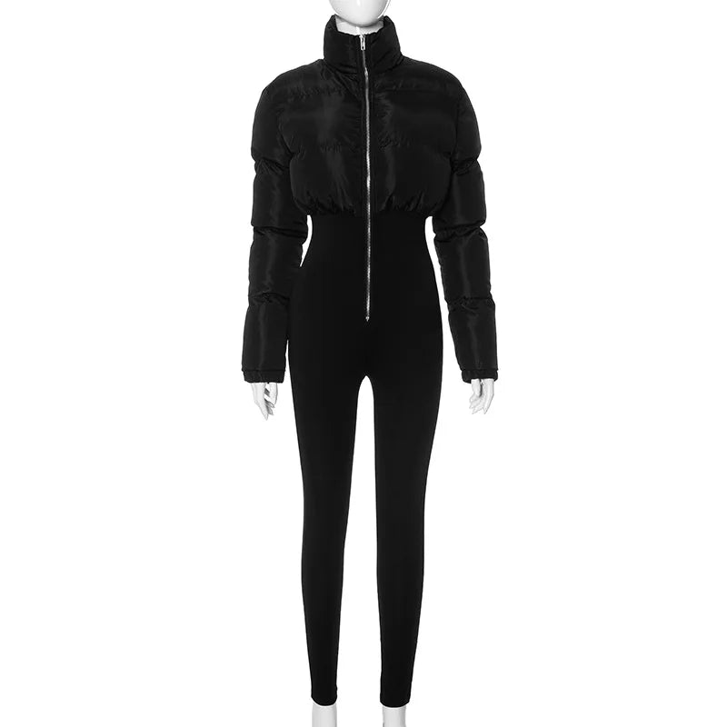Zipper Puffer Jacket One Pieces Jumpsuit All Black Outfits for Women Baddie Streetwear Winter Clothes