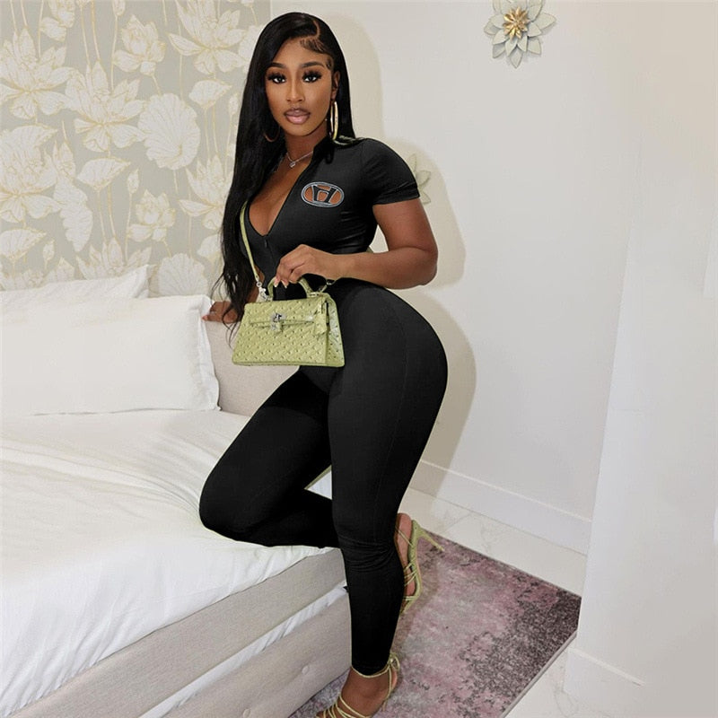 Letter Embroidery Fitness Casual Jumpsuit One Pieces Black Girl Summer Outfits for Women Clothes Active Wear D87-CD31