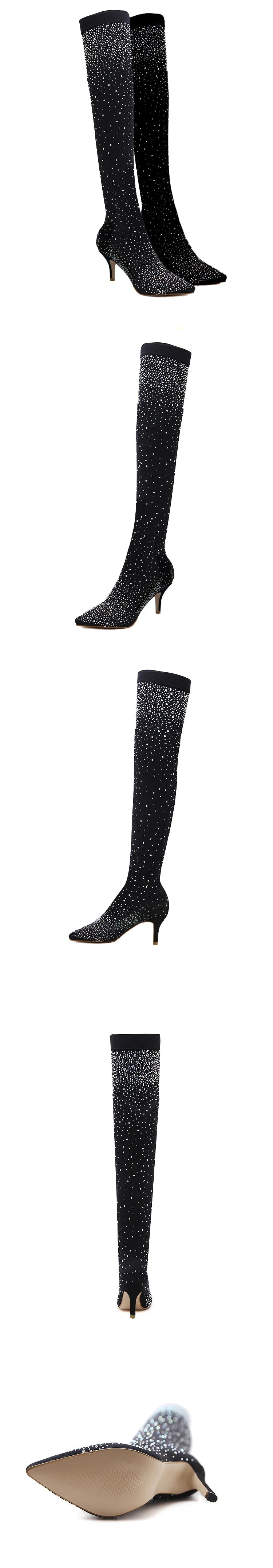 Design Crystal Rhinestone Stretch Fabric Sexy High Heels Sock Over-the-Knee Boots Pointed Toe Pole Dancing Women Shoes