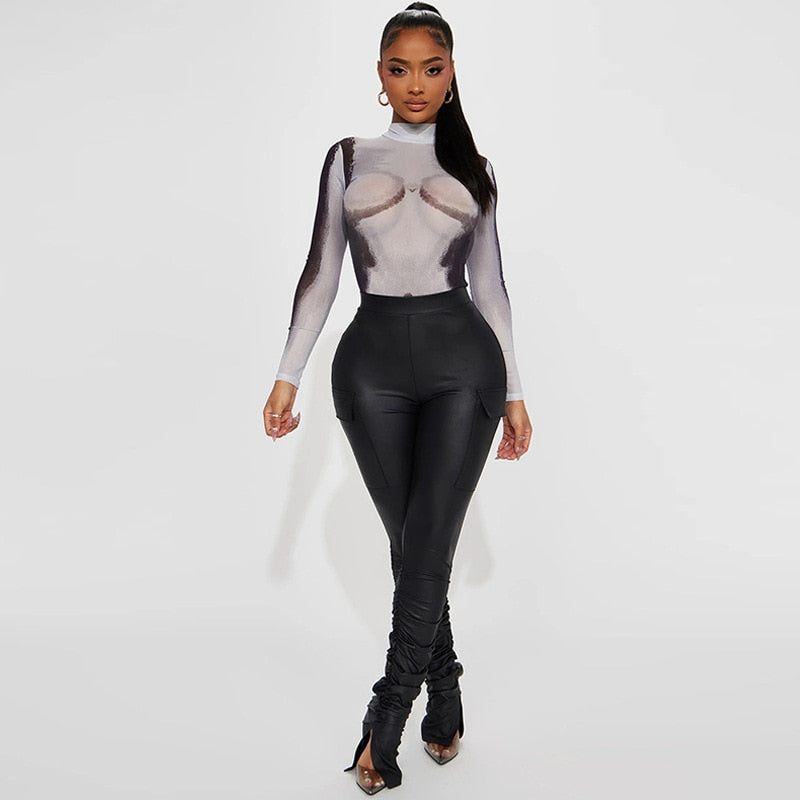 3d Body Print Mesh Long Sleeve Bodysuit See Through Sexy Club Wear Baddie Tops for Women Wholesale Clothing D70-BD10