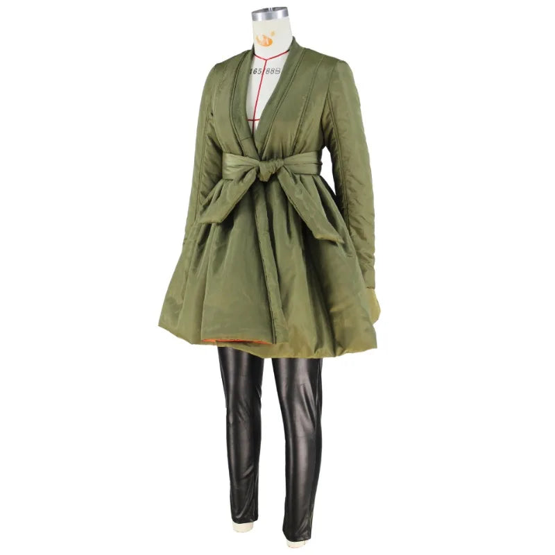 Belted Oversized Coat Winter Puffer Jackets for Women Outerwear Thick Warm Long Cardigan Green Black