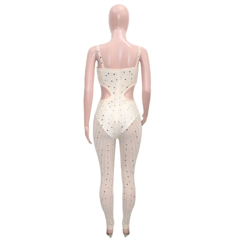Rhinestone Mesh See Through Jumpsuit for Women Sexy Black Birthday Night Club Outfits Party Wears for Ladies D43-GF45