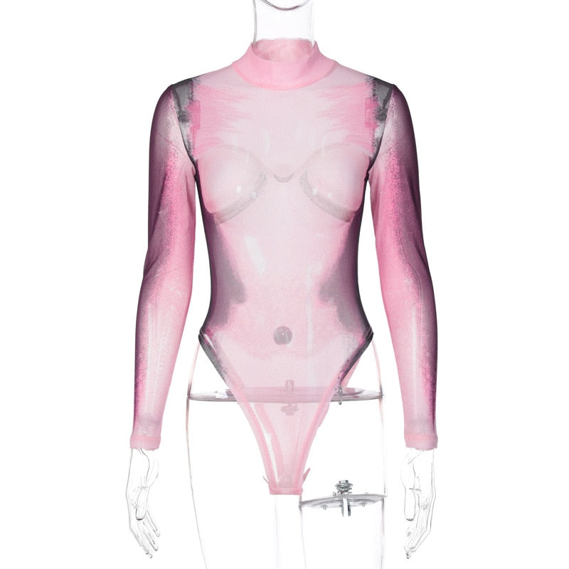 3d Body Print Mesh Long Sleeve Bodysuit See Through Sexy Club Wear Baddie Tops for Women Wholesale Clothing D70-BD10