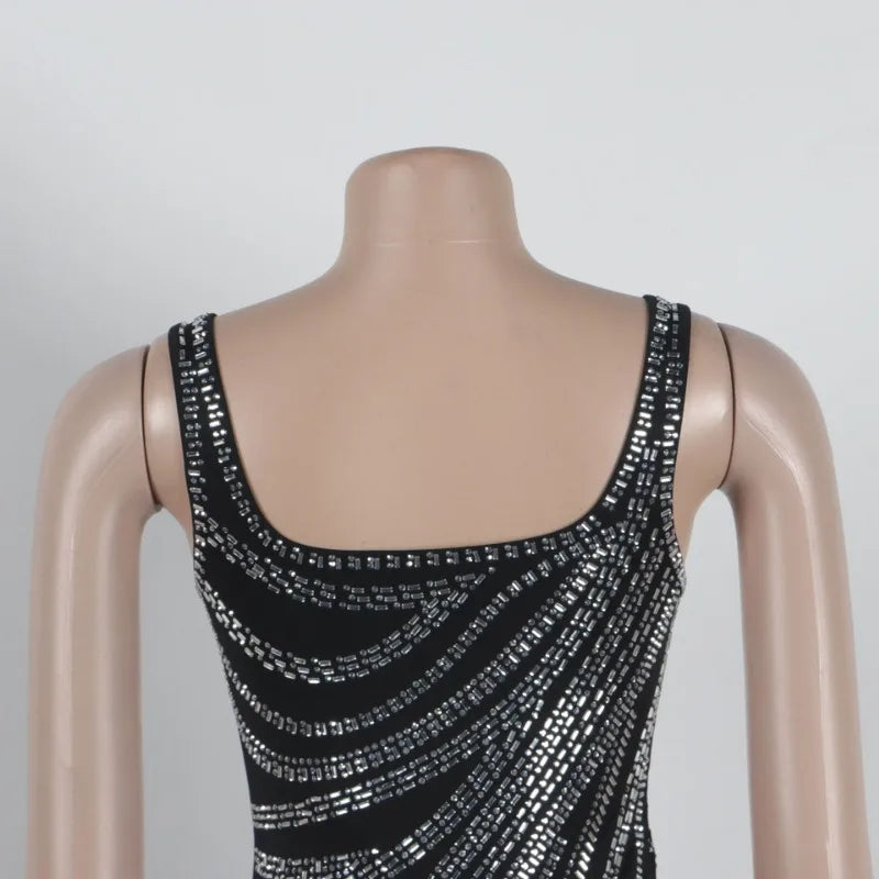 Luxury Sparkly Rhinestone Sleeveless Split Maxi Dresses Evening Party Wears Sexy Elegant Black Dress Women