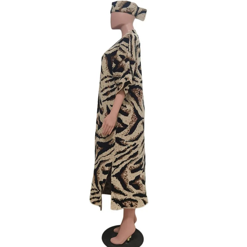 Leopard Print Oversized Knit Cardigan Top Sweater Woman Autumn Winter Clothing Long Coat with Headband