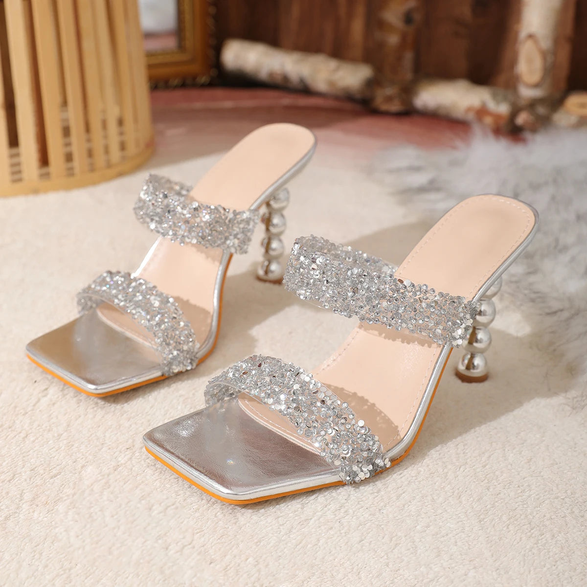 Sexy Silver Sequin rhinestone PVC Slippers For Women Square Toe Strange High Heels Sandals Summer Fashion Party Shoes