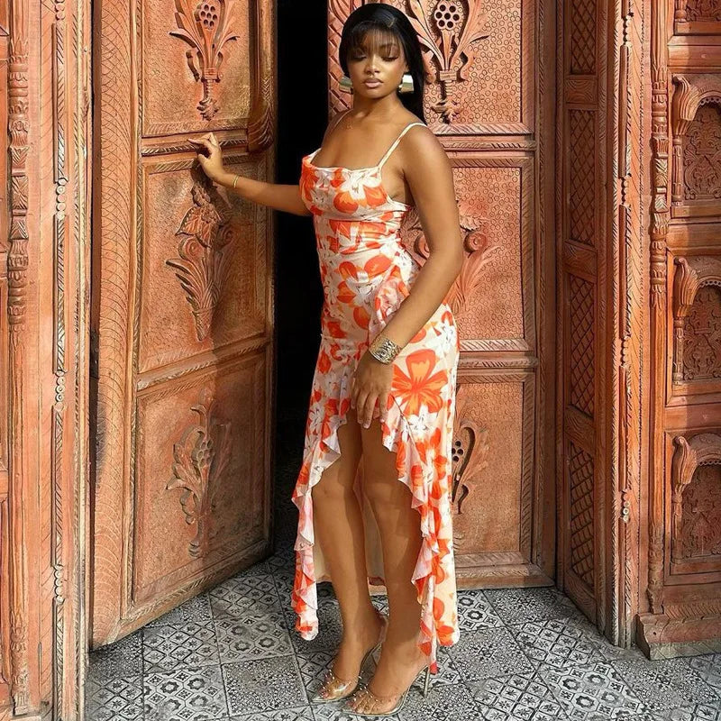 Floral Printed Summer Dresses Sexy Spaghetti Strap Backless Split Long Dresses Vacation Outfits Woman 2024 D70-CC28