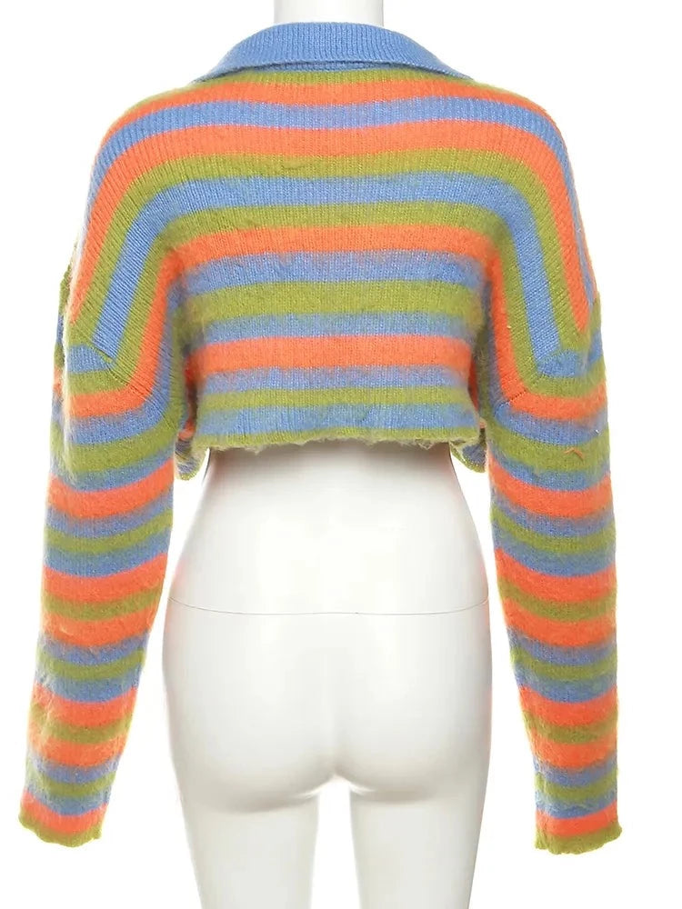 Autumn Women Short Casual Microfiber Sweater Girl Zip-up Bare Midriff Striped Cropped Jacket Lady High Street Cardigan