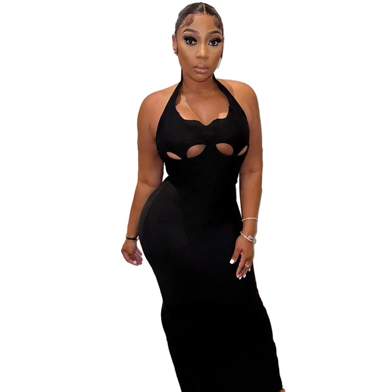 Elegant Maxi Dress Cut Out Halter Backless Split Sexy Black Ballgown Dresses for Women Night Club Outfits D96-BF23