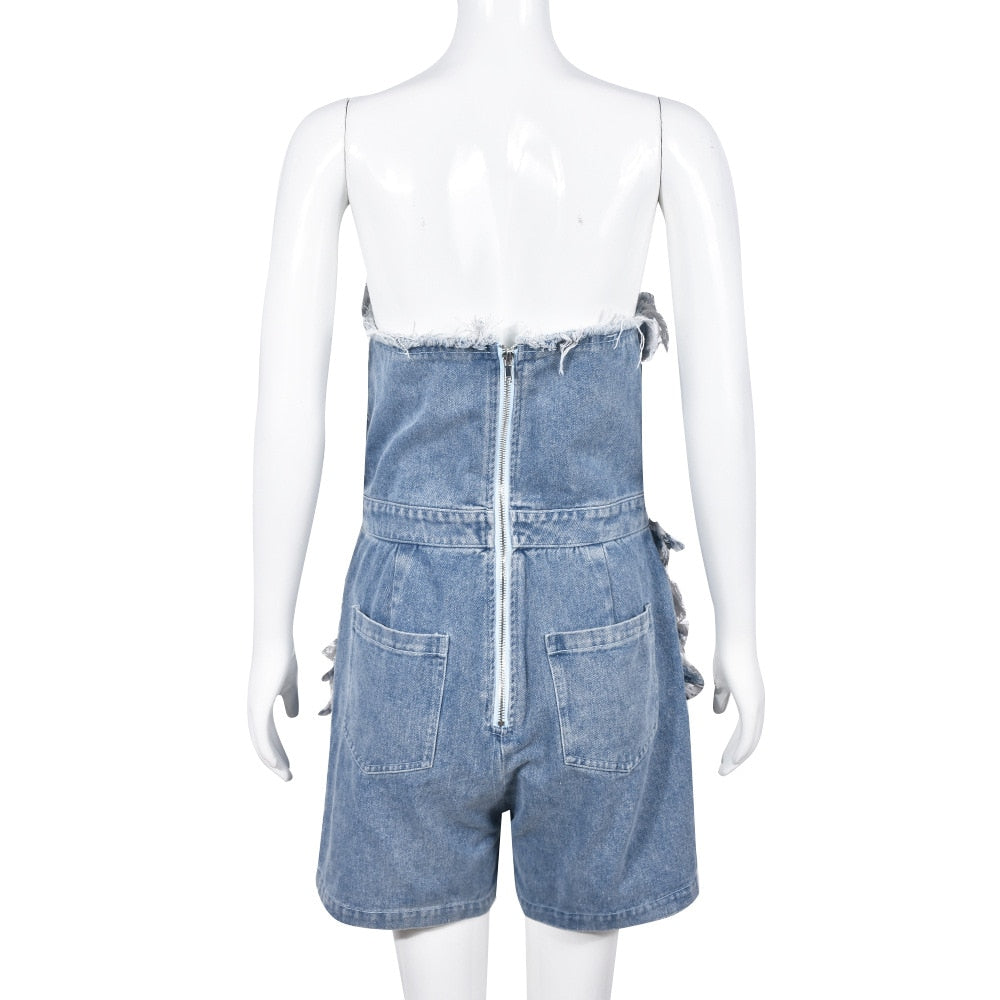 Ripped Jean Shorts Jumpsuit Women Summer One Pieces Club Outfits Strapless Denim Rompers Streetwear