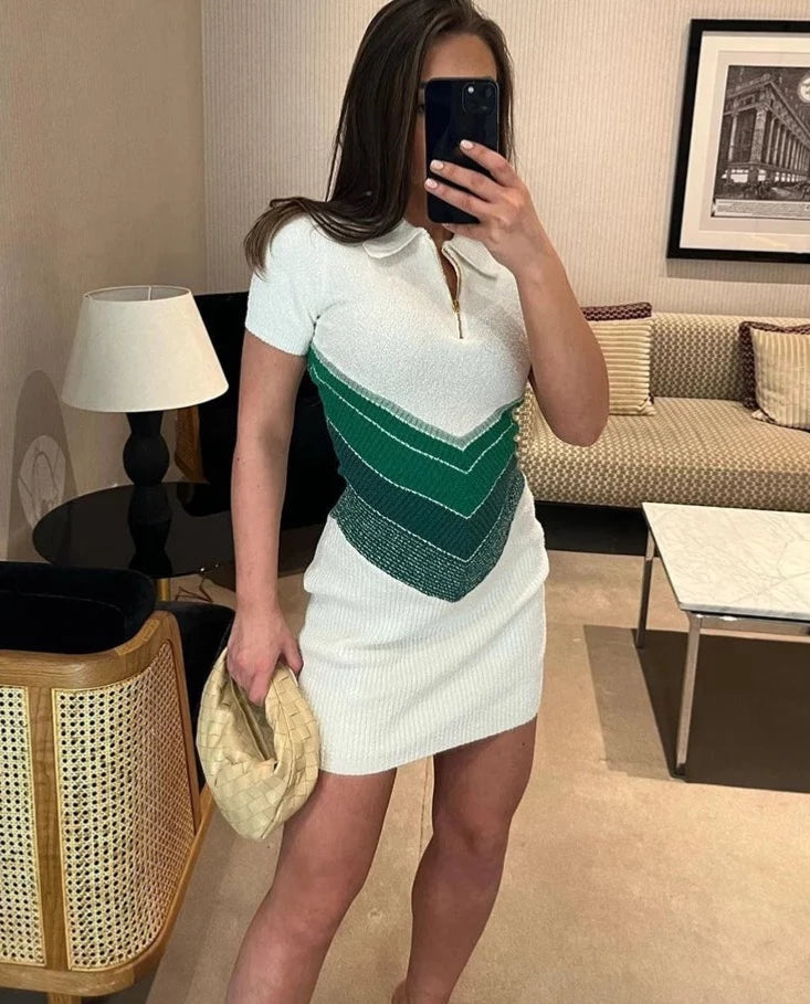 Knitted Panelled Striped Mini Playsuit Women Casual Lapel With Zipper Short Sleeve One Piece Skinny Concise Female Street