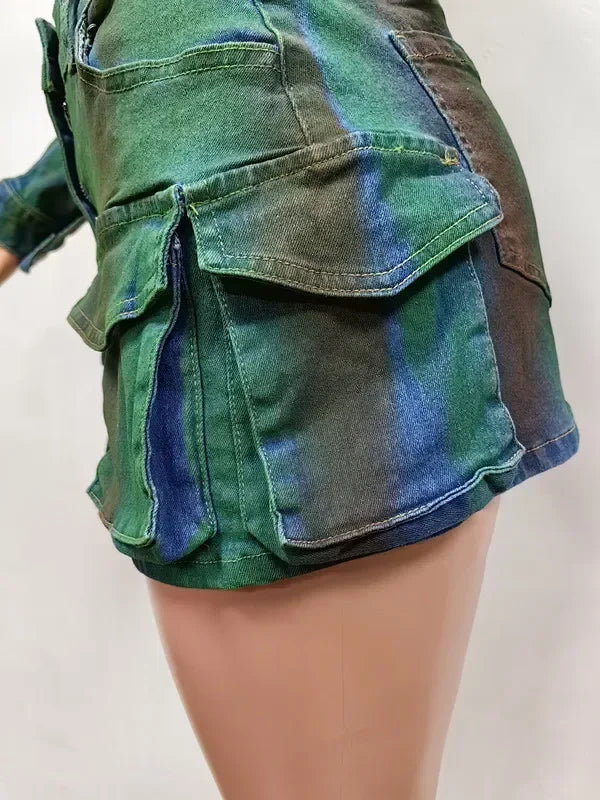 Chic Green Jean Outfits for Women Two Piece Set Cropped Denim Jacket and Cargo Mini Skirt Sets Streetwear