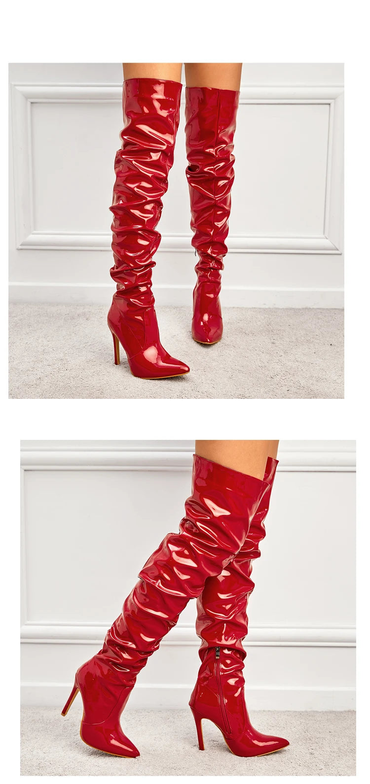 Red Women Over The Knee Boots High Heels Patent Leather Solid Pointed Toe Stiletto Side Zipper Sapatos Femininos