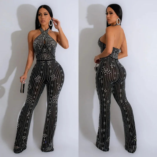 Elegant Sexy Rhinestone Halter Flare Jumpsuit Womans Clothing Luxury White Black Birthday Outfit Evening Party