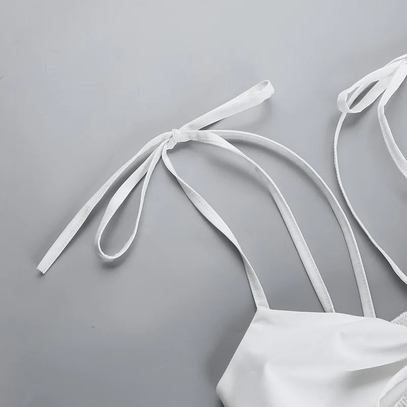 ANJAMANOR Drawstring Hollow Spaghetti Strap A Line Short Dresses for Women Clothes White Summer Sun Dress Resort Wear D66-CA20