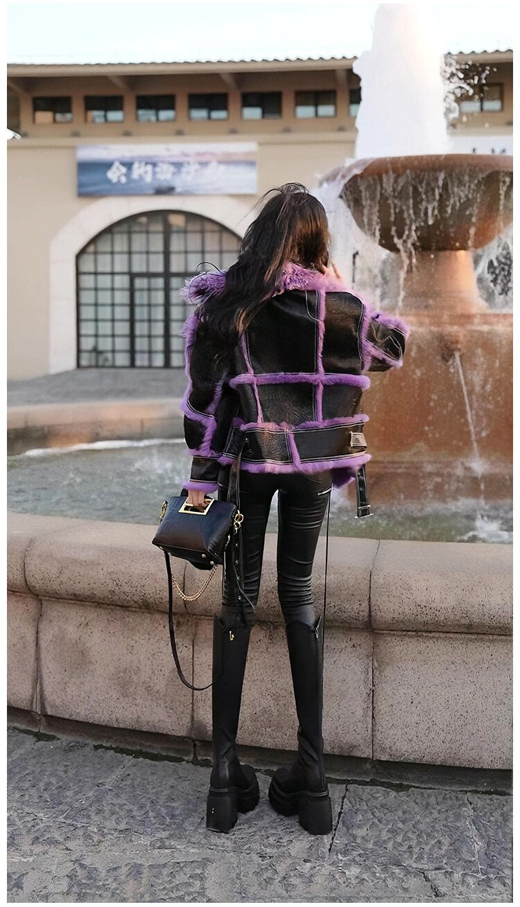 Fashion Women's PU Leather Jackets Big Lapel Zipper Spliced Fur Thick Warm Short Suede Coat Winter 2023 New Tide 17A9973