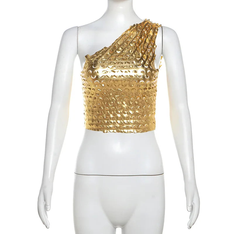 Metallic Gold Asymmetrical Tops Sexy Going Out One Shoulder Backless Hollow Crop Top Summer Clothes Women 2024 D78AG10