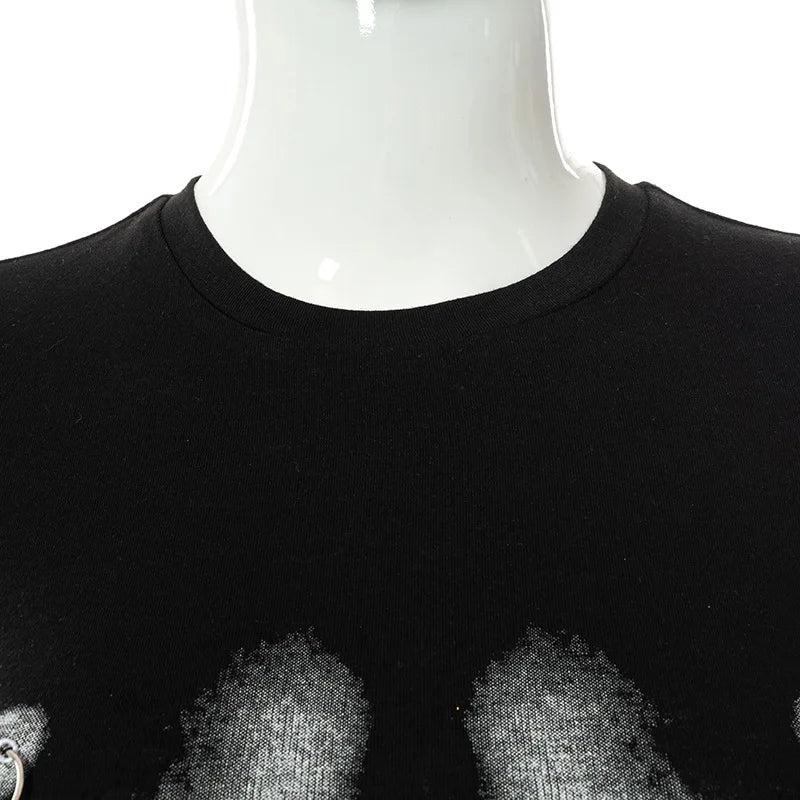 3D Body Print Graphic T Shirts with Chain Long Sleeve Tees Baddie Clothes Streetwear Fashion Sexy Crop Tops D85-BG14
