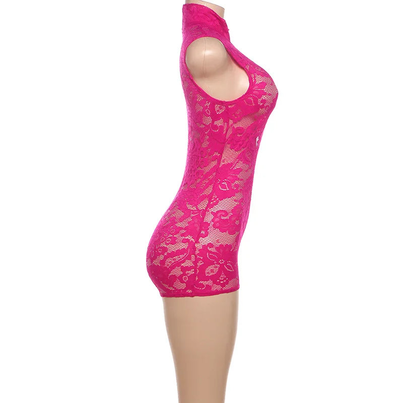 Hot Pink Lace Mesh Sheer Jumpsuit Women One Pieces Sexy Lingerie Outfit Clubwear Sleeveless Romper Summer 2024 D96BB11
