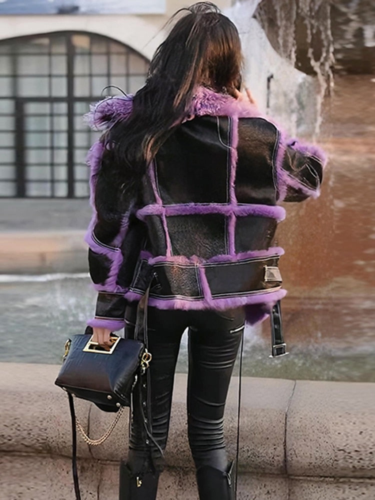 Fashion Women's PU Leather Jackets Big Lapel Zipper Spliced Fur Thick Warm Short Suede Coat Winter 2023 New Tide 17A9973
