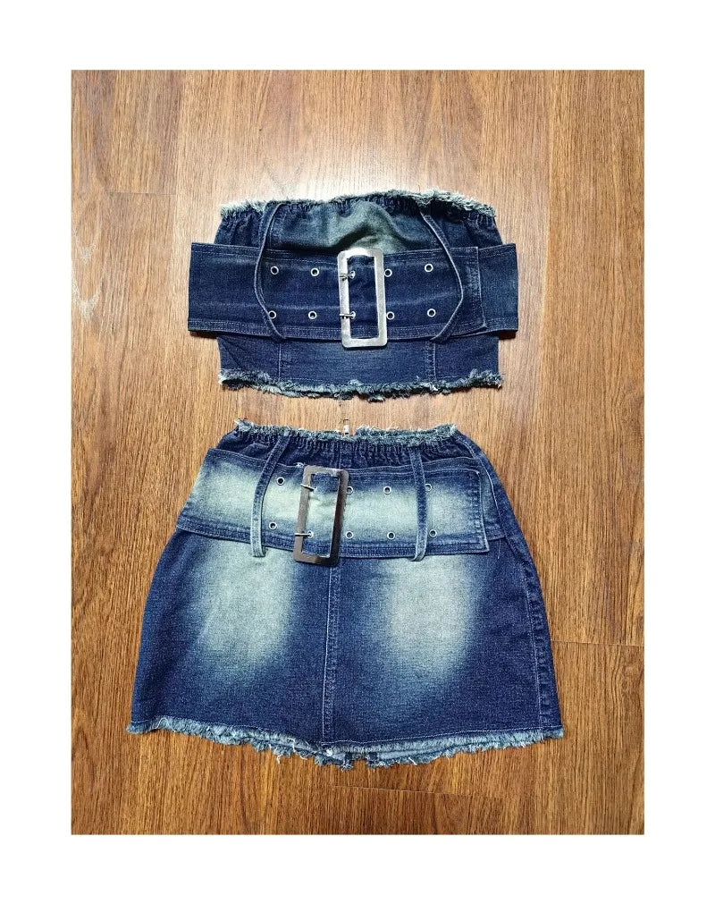 Two Piece Jean Outfits for Women Summer Clothes 2024 Sexy Belted Tube Top and Mini Skirt Sets Club Wear D73-GD45