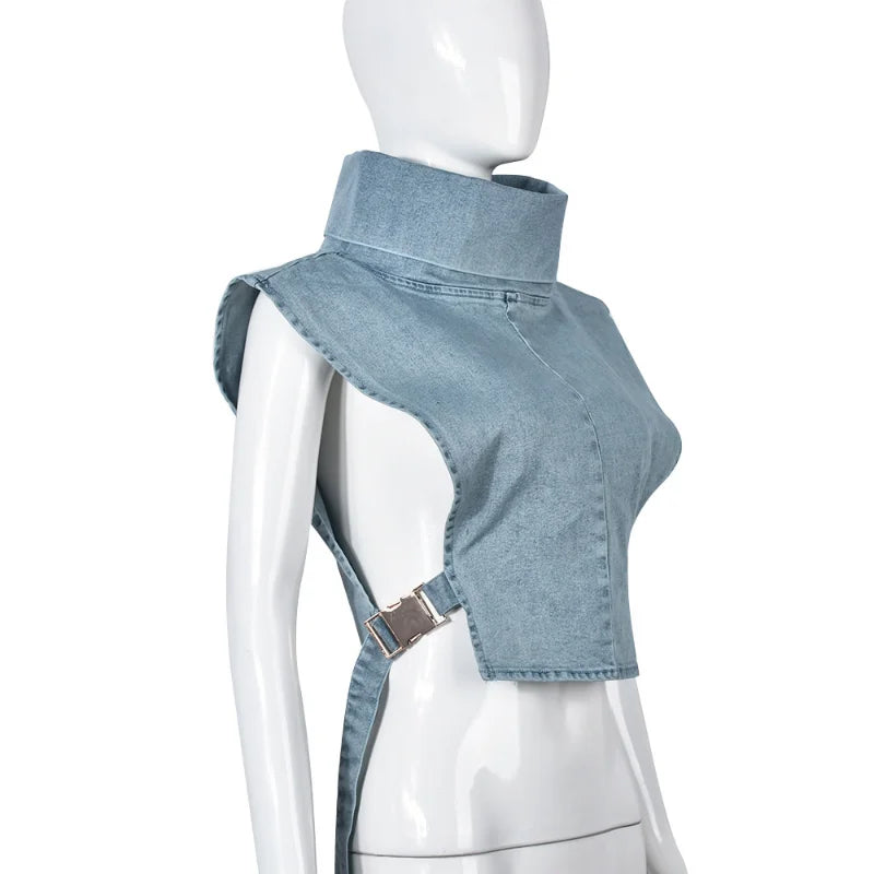 Sexy Blue Denim Cropped Tank Top Womans Y2k Summer Streetwear Side Buckle Belted Sleeveless Jean Cargo Vest D82-ED36