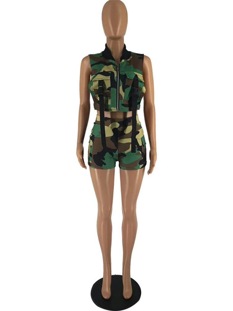 Summer Fashion Camouflage Print 2 Two Piece Sets Casual Party for Womens Outfits Bodycon Crop Tops Shorts Sets