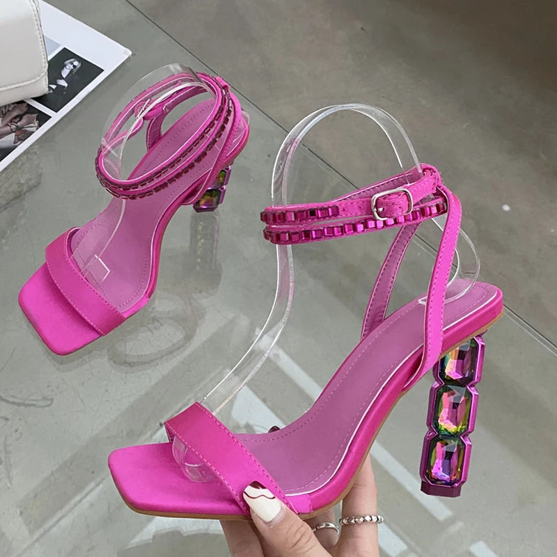 Sexy Sparkly Stacked Crystal Heel Sandals Woman Summer 2024 Thin Embellished Ankle Straps High Heel Shoe for Women Pumps