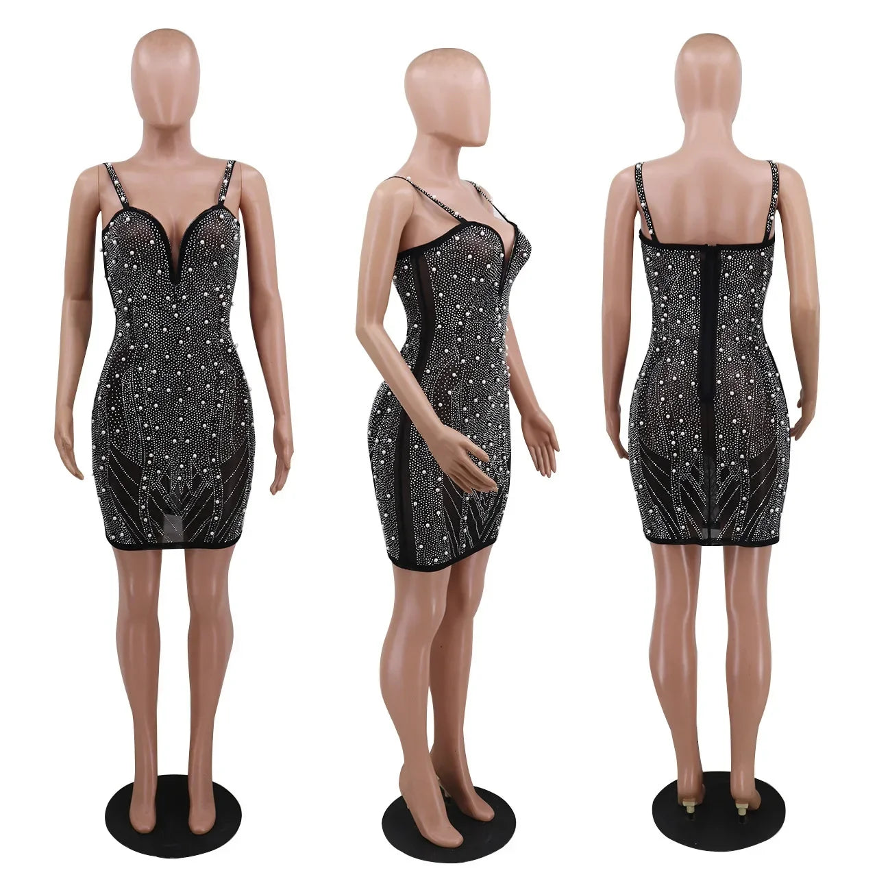 Sexy Glitter Rhinestones Mesh Dress Women Club Wear Party Outfit Backless Deep V Neck Bodycon Mini Dresses
