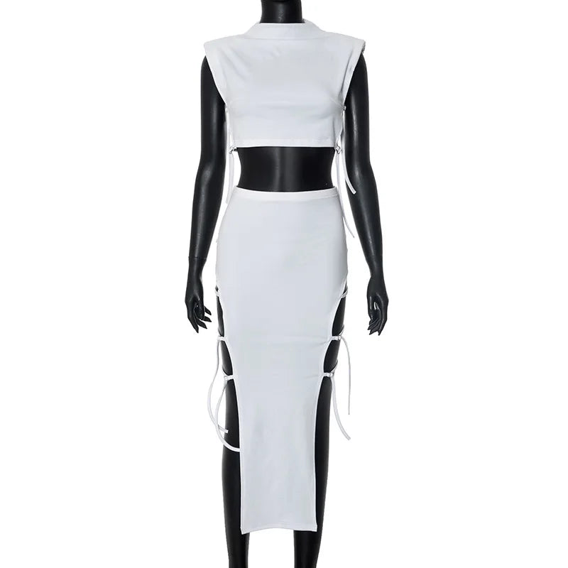 Side Hollow Lace Up Two Piece Skirt Set Women Outfit 2024 Summer Dress Sexy Club Wear White Suits for Women D85-EI24
