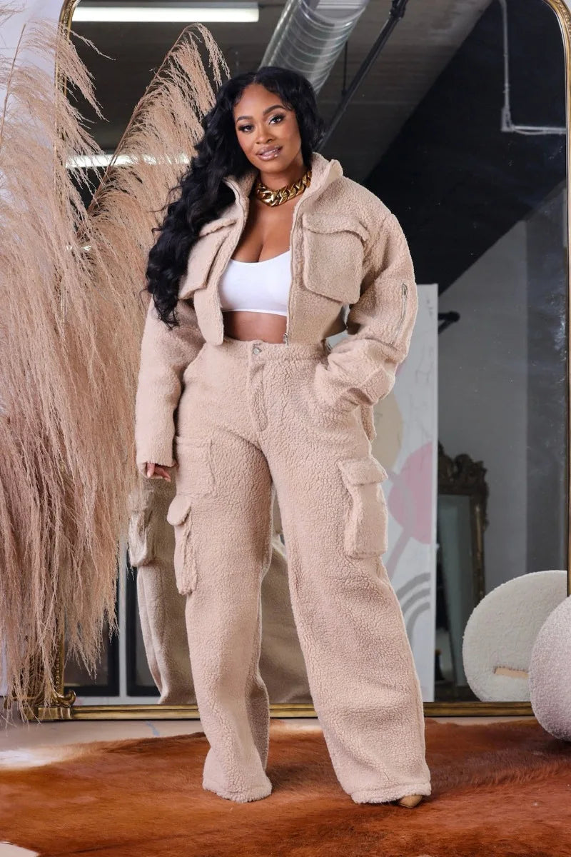 Street Fashion Winter 2 Piece Sets Women Outfit Fleece Jacket and Cargo Pants Matching Sets Sweat Suits D29-AZE140