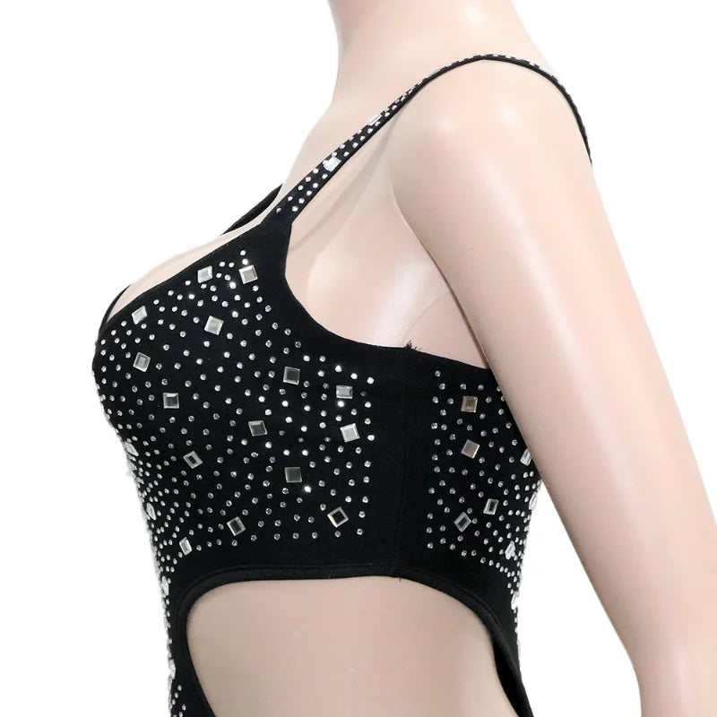 Rhinestone Mesh See Through Jumpsuit for Women Sexy Black Birthday Night Club Outfits Party Wears for Ladies D43-GF45