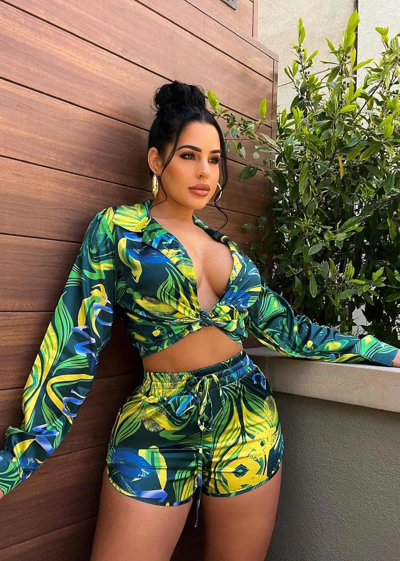 Sexy Printed Two Piece Set Shorts Long Sleeve Shirts Fall Clothes for Women Fashion Outfits Matching Sets D29DA36