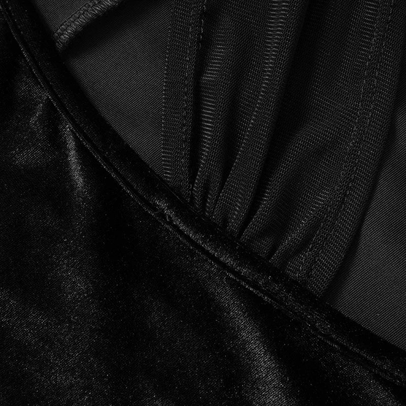 Velvet Mesh Patchwork Black Dress Sexy Outfit Women Club Wear Asymmetrical Cut Out One Shoulder Long Dresses D96-BI30