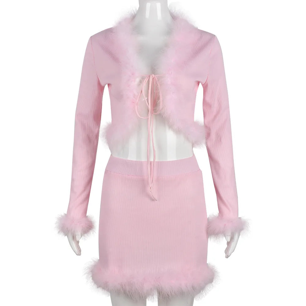 Cute Sexy Pink 2 Piece Set Women Fluffy Faux Fur Trim Tie Up Cardigan and Skirt Birthday Party Club Outfits